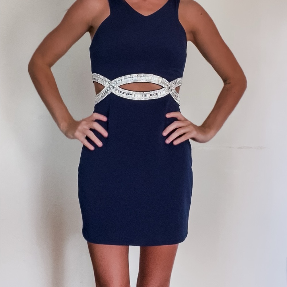 Speechless Dark Blue Mini Dress with Metallic Details